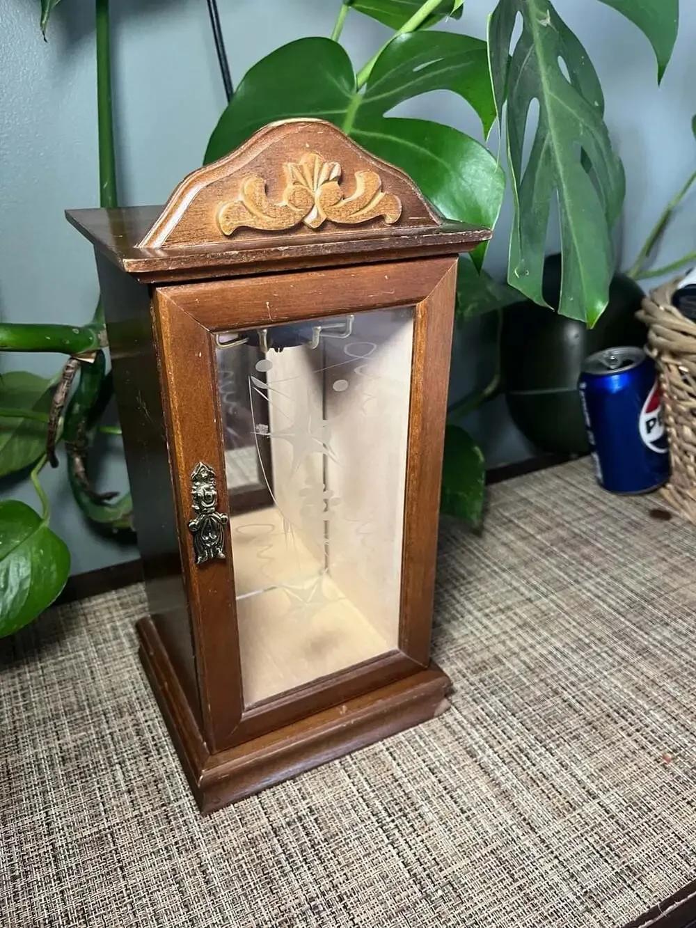 Vintage Wooden Jewelry Cabinet with Etched Glass Door